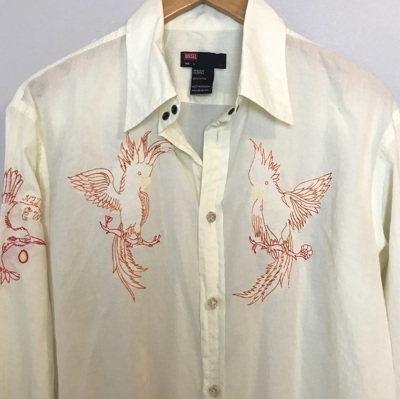Diesel D28 Embroidered Snake Button Up Shirt sz XL parrot flamingo humming-birds - Picture 7 of 10